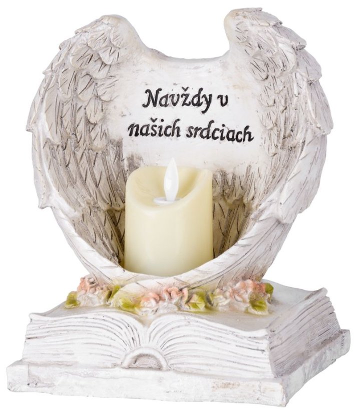MagicHome Dekoration, Engelsflügel auf einem Buch mit Kerze, 1xLED, Polyresin, für das Grab, 18x13,5x20 cm (akce)