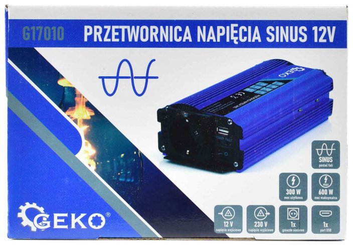 Menič napätia, vstup 12V/ výstup 230V, trvalý výkon 300W/nárazový výkon 600W, GEKO