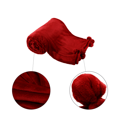 TEMPO-KONDELA LUANG, plyšová deka s brmbolcami, bordová, 150x200 cm