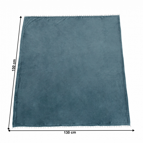 TEMPO-KONDELA AKRA, plišana deka s pomponima, čelično plava, 130x150 cm