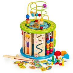 Vzdelávacia drevená kocka s hrami, kockami, rybárčením ECOTOYS