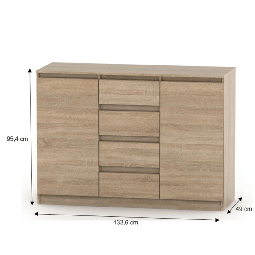 Komoda s 2 vrata i 4 ladice, sonoma hrast, HANY NEW 010
