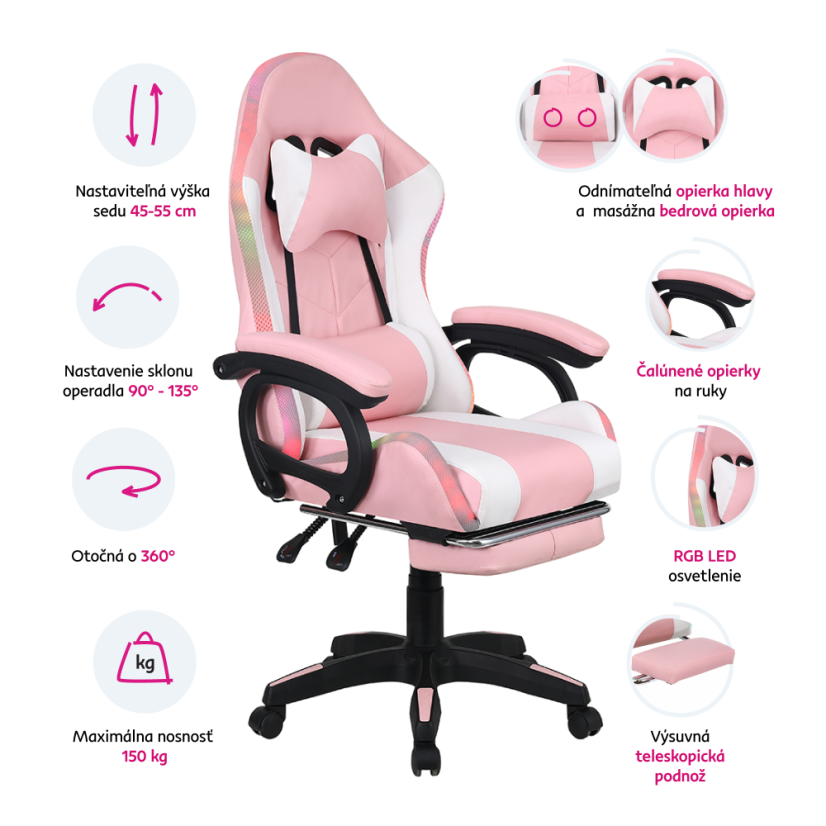 Pisarniški/gaming stol z RGB LED osvetlitvijo, roza/bel, JOVELA