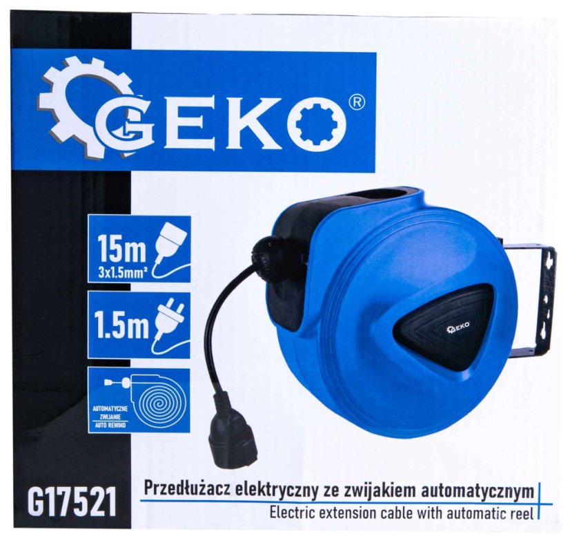 Samozvlečni viseči boben z električnim kablom in vtičnico, dolžina 15 m, GEKO