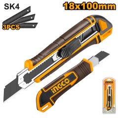 Nož na lomljenje od 18 mm s gumbom, ergonomsko tijelo, INGCO 3x oštrica