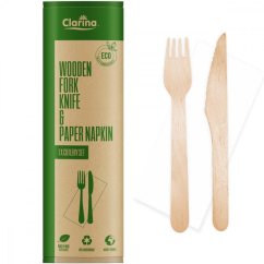 Gabel, Messer, Serviette (Besteckset) Einweg, aus Holz