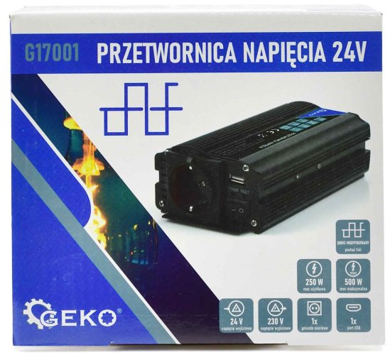 Przetwornica napięcia, wejście 24V/wyjście 230V, moc ciągła 250W/moc udarowa 500W, GEKO