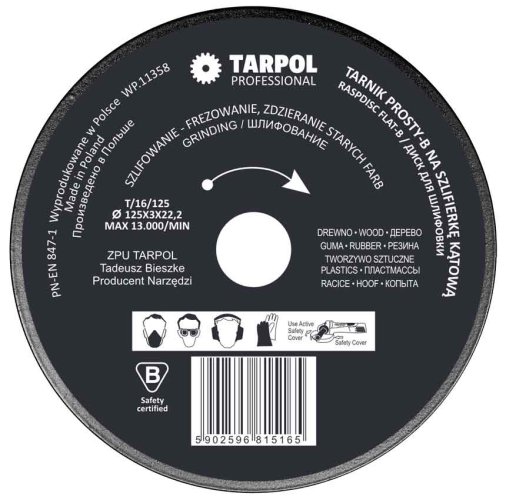 Rasp sarokcsiszolóhoz egyenes 125 x 3 x 22,2 mm alacsony fogú, TARPOL, T-16