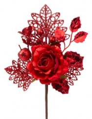 Větvička MagicHome Vánoce, s růží, červená, 25,5 cm, bal. 6 ks