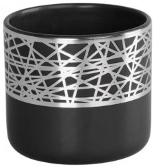 MagicHome dekoráció, Virágcserép ezüst díszítéssel, fekete, dolomit, 16,8x16,8x14,7 cm