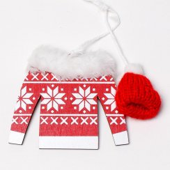 Wiszący sweterek z ozdobą 20x8,5 cm czerwono-białe drewno