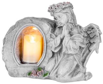 Decor MagicHome, Înger care se roagă cu lumânare, 1xLED, polirășină, pentru mormânt, 28x13x21,5 cm