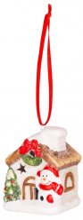 Dekorace MagicHome Vánoce, Domeček se sněhulákem, LED, terakota, závěsný, 5,8x5x7 cm