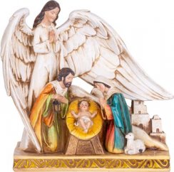 MagicHome karácsonyi dekoráció, Szent család angyal szárnyai alatt, polirezin, 21,5 cm