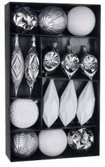 MagicHome karácsonyi labdák, szett, 16 db, fehér - ezüst, karácsonyfához, 8-15 cm