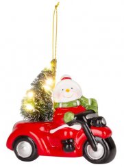 Dekorácia MagicHome Vianoce, Snehuliak v aute, LED, terakota, 12,5x6x11,8 cm