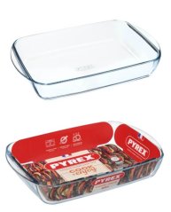 Négyszögletes, fülekkel ellátott sütőtál, 40x27x7 cm, 4,9 l, átlátszó PYREX üveg