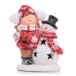 Figura deklica s snežakom LED 13x9x18 cm keramika