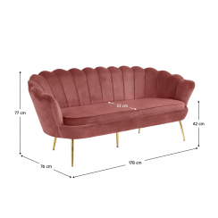 Luksusowa sofa 3-osobowa, różowa tkanina Velvet/złoty chrom, styl Art Deco, NOBLIN
