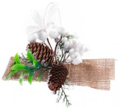 MagicHome Weihnachtszweig, mit Zapfen und Juteband, weiß, 15 cm, Packung. 6 Stk