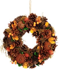 Věnec MagicHome Nature, podzimní, oranžový, s šiškami, 30 cm