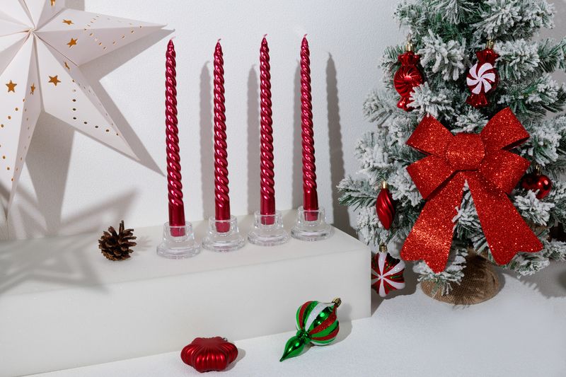 MagicHome Weihnachtskerze, 25 cm, Packung. 4 Stück, rot, Spirale, gedreht