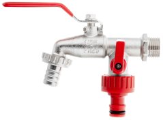 Doppelventil 1/2", Gewinde 3/4" mit Ende für 1/2" Schlauch und 1/2" Schnellkupplung, GEKO