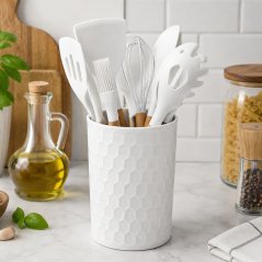 Kuchynské náčinie s bambusovou rukoväťou v stojane, 12 ks, 32 cm, biele