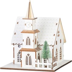 Dekorácia MagicHome Vianoce, kostol, drevo, 6xLED teplá biela, 15x17x18.5 cm, 2xAAA
