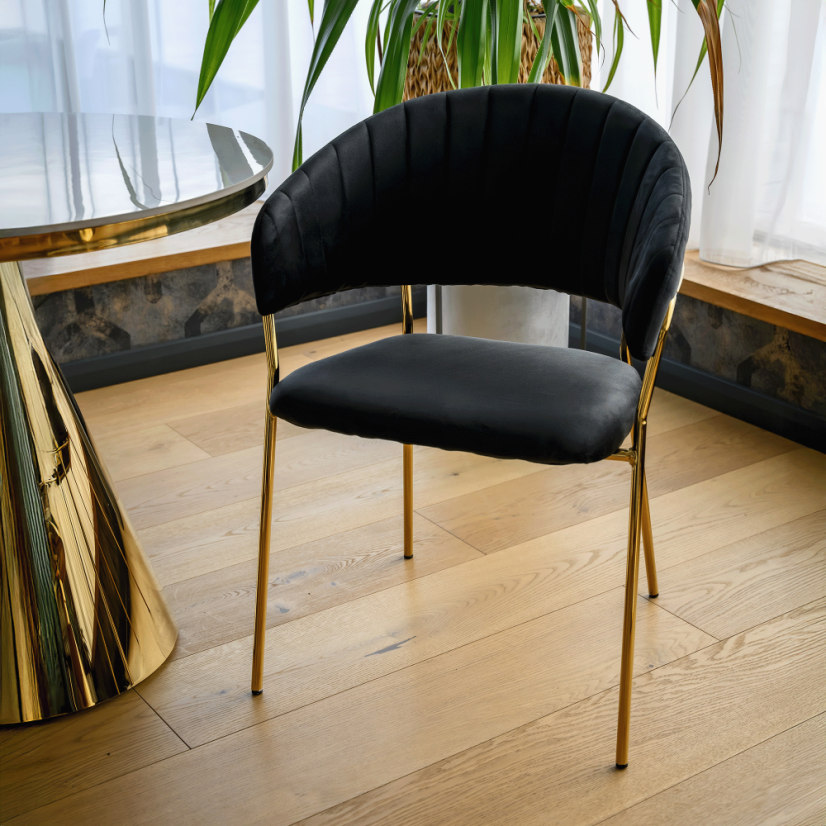 Designer-Esszimmerstuhl, schwarzer Samtstoff/Gold-Chrom-Gold, DASMIN TYP 1