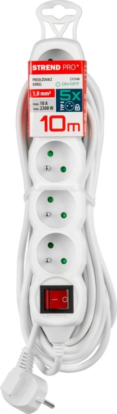 Kábel DG-F805BK L-10 m, hosszabbító, fehér, 5x aljzat + kapcsoló