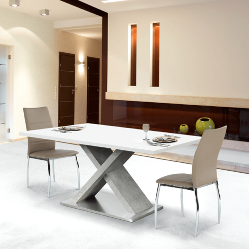 Masă dining, alb HG extra lucios/beton, 160x90 cm, FARNEL
