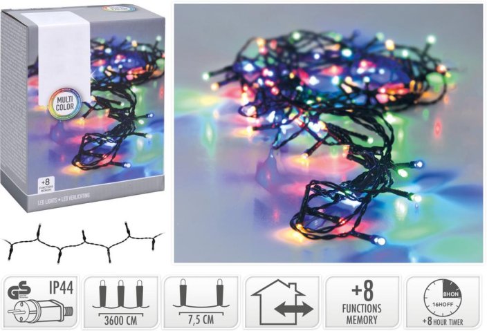 Weihnachtslicht 480 farbige LEDs, 36 m, mit Timer, mit Funktionen, Outdoor/Indoor