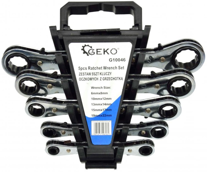 Doppelseitiger Ratschenschlüsselsatz, 5-teilig (6x8,10x12,13x14,15x17,19x22 mm), GEKO