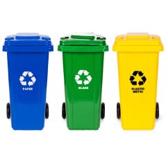 Set de 3 coșuri de gunoi 120L albastru verde galben hârtie sticlă plastic