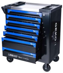 Cărucior pentru scule de atelier cu 7 sertare, scule - 258 piese, 850x450x950 mm, GEKO