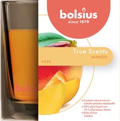 Svijeća Bolsius Jar True Scents 95/95 mm, mirisna, mango, u staklu
