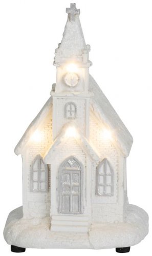 MagicHome karácsonyi dekoráció, templom fehér, 4 LED meleg fehér, 2xAAA, belső, 10x9x17 cm, eladó doboz 12 db