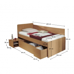Łóżko z pojemnikiem, buk, 90x200, OTO
