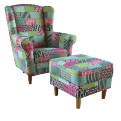 Fotel uchylny ze stołkiem, patchwork z tkaniny M1, ASTRID