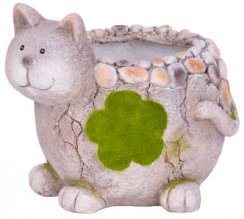 Decor MagicHome, Pisica cu ghiveci de flori, ceramica, naturala, 30x25,5x26,5 cm