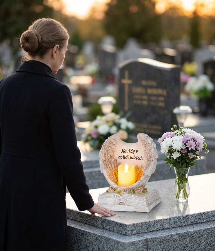 MagicHome Dekoration, Engelsflügel auf einem Buch mit Kerze, 1xLED, Polyresin, für das Grab, 18x13,5x20 cm (akce)