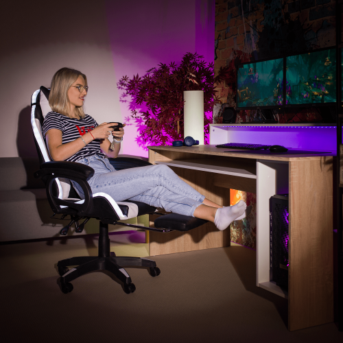 Fotel biurowy/gamingowy z podświetleniem LED RGB, czarno-biały, JOVELA