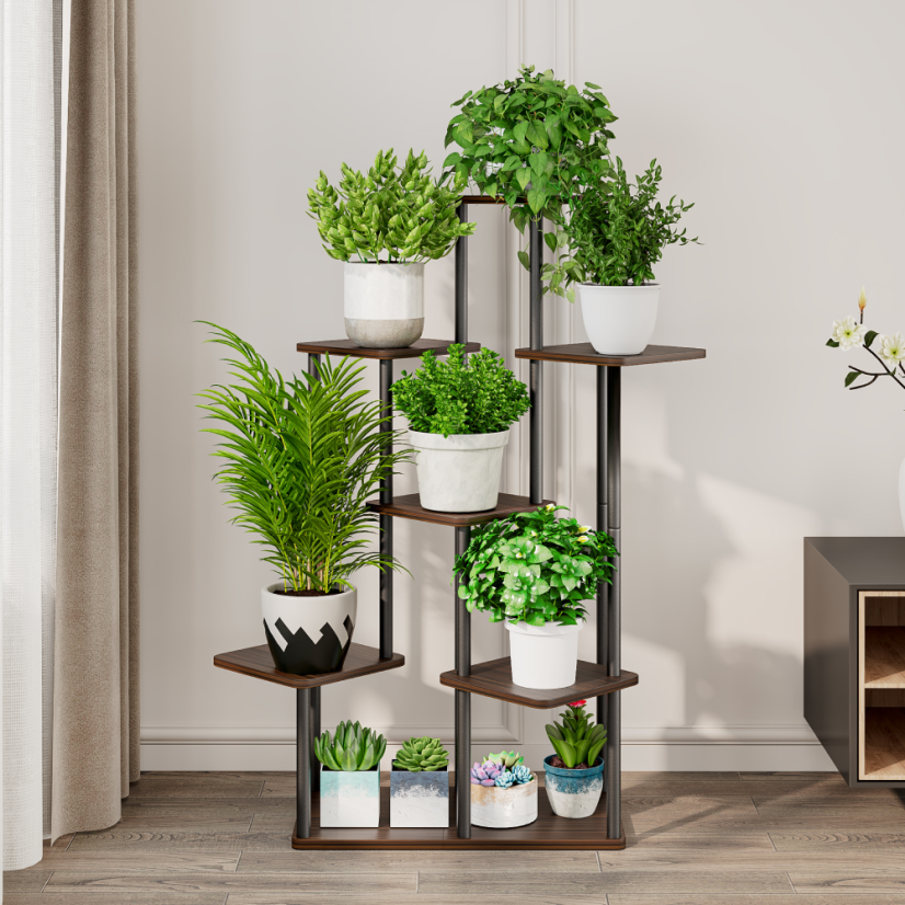 Blumenständer aus Metall, schwarz/rustikales Holz, ADITE TYPE 2