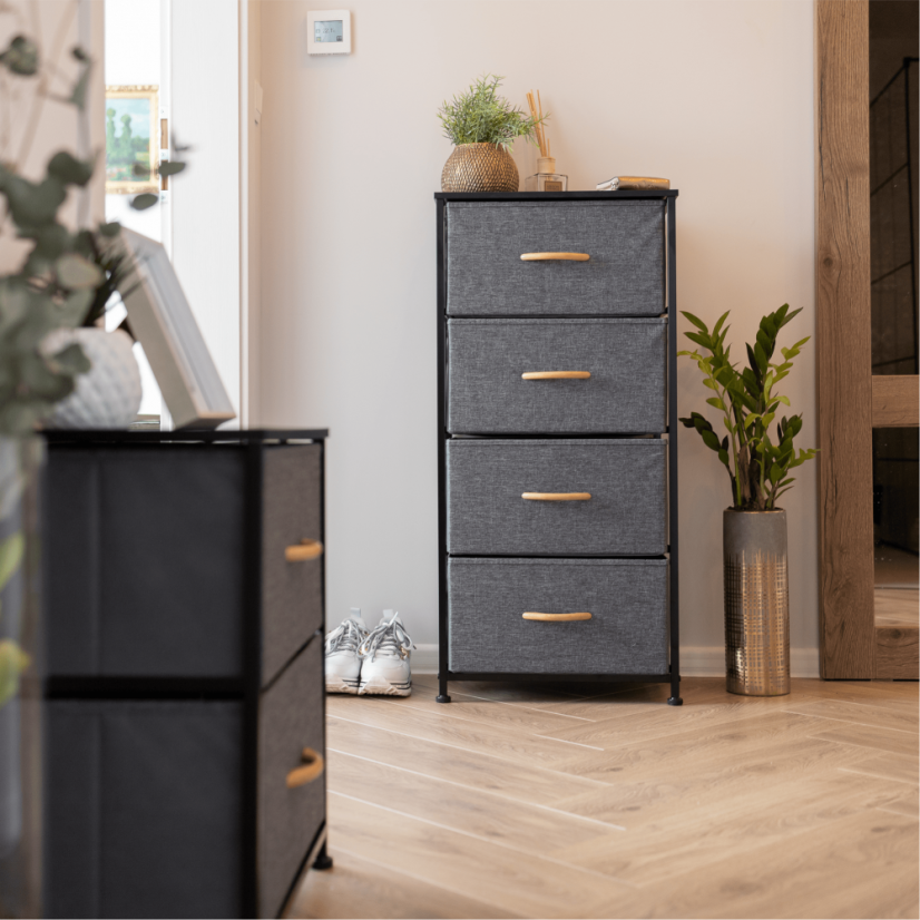 Komoda z szufladami materiałowymi, czarny/ciemnoszary, PALMERA TYP 2 (akce)