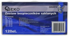 Üvegbiztosíték készlet, 5,10,15,20,25,30 A, 120 darab, GEKO