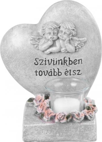 MagicHome Dekoration, Herz mit Engeln, Polyresin, für Grab, 15,5x12x17,5 cm, mit ungarischem Namen