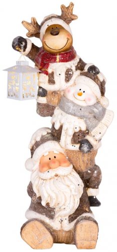Dekorace MagicHome Vánoce, Santa, sob a sněhulák s lucernou, 1 LED, 2xAAA, keramika, 29x24x66 cm