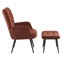 Sessel mit Fußhocker, brauner Samtstoff/schwarz, HABEN