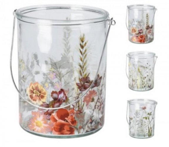 Świecznik na świeczkę herbacianą 15 cm szklany wzór mieszanka kwiatów